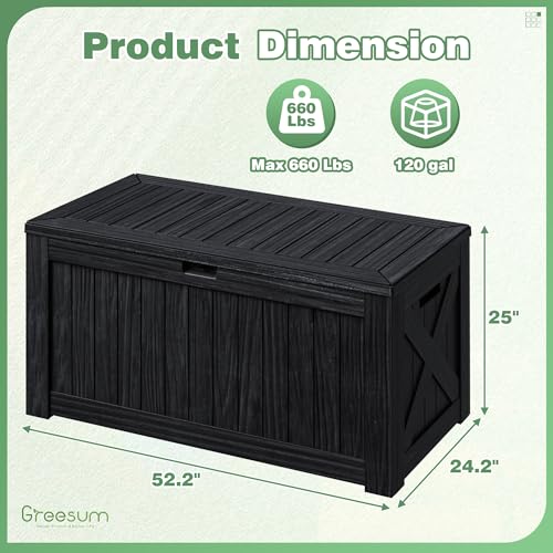 Greesum 120 Gallon Outdoor Storage Box with Lock - Large Resin Deck Box, Reinforced Lid for Garden, Patio, Lawn, Black