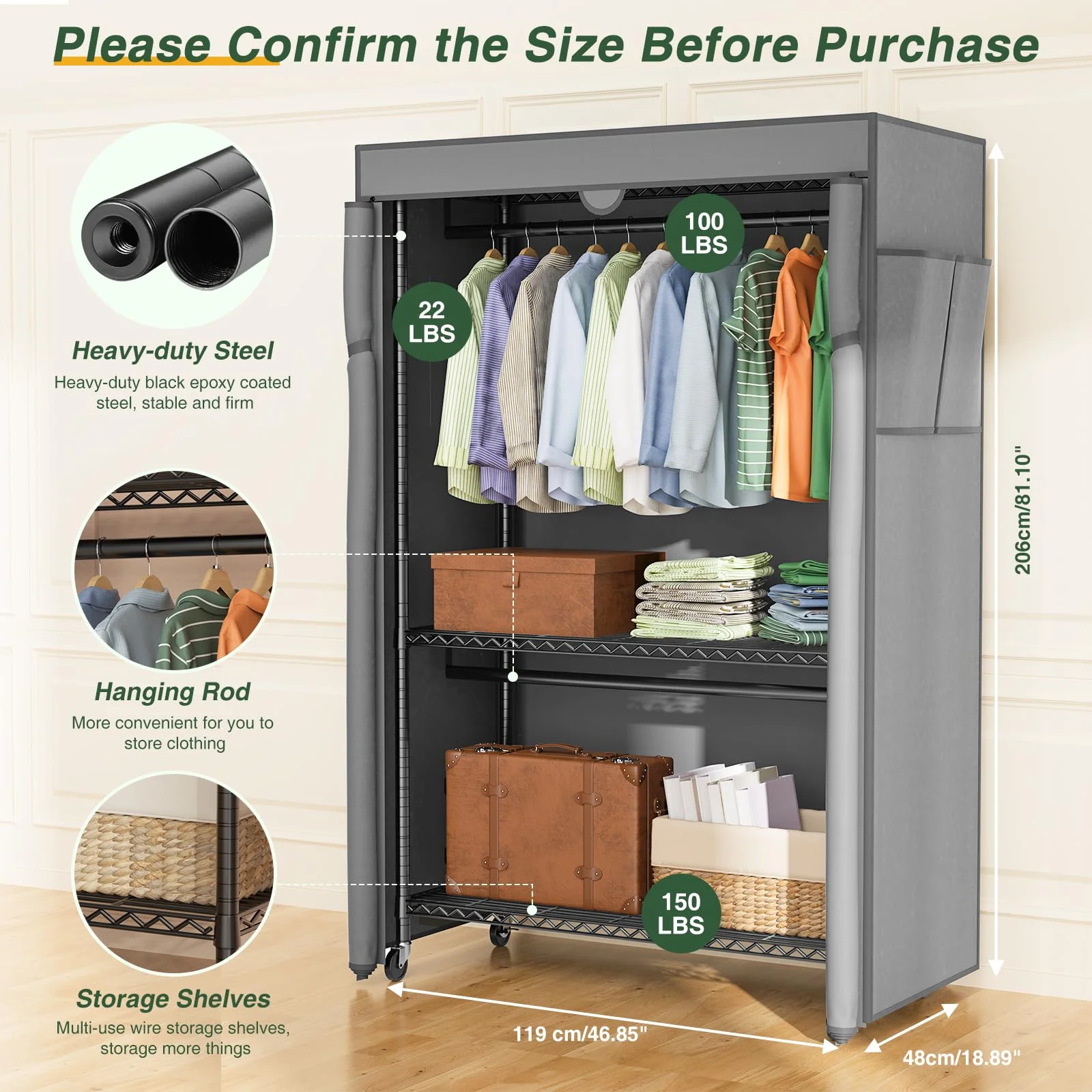 LEHOM G1C Heavy Duty Covered Clothes Rack, Garment Rack for Hanging Clothes with Shelves, Freestanding Clothing Rack with Grey Oxford Fabric Cover