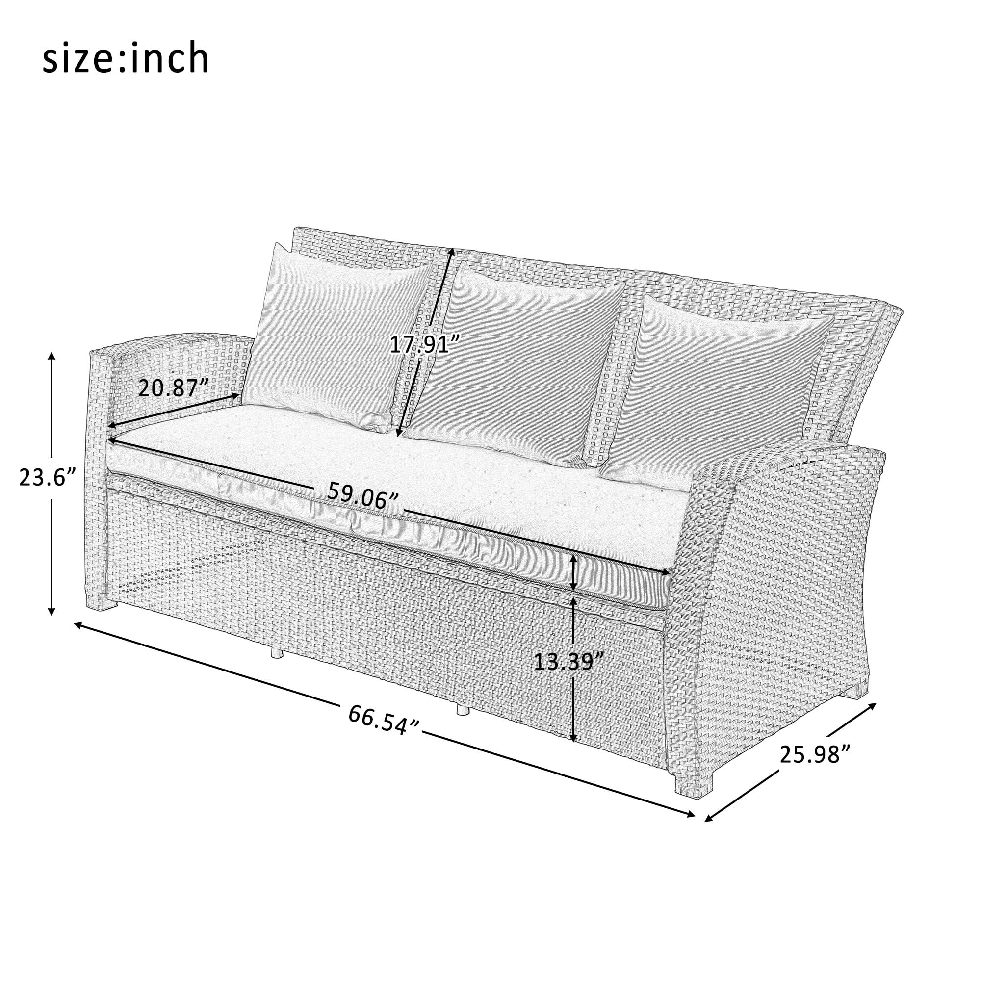 Outdoor 4-Piece Conversation Sofa Set, Patio Wicker Rattan Sectional Furniture Dining Sets with Wood Table Armchairs and Dark Gray Cushions