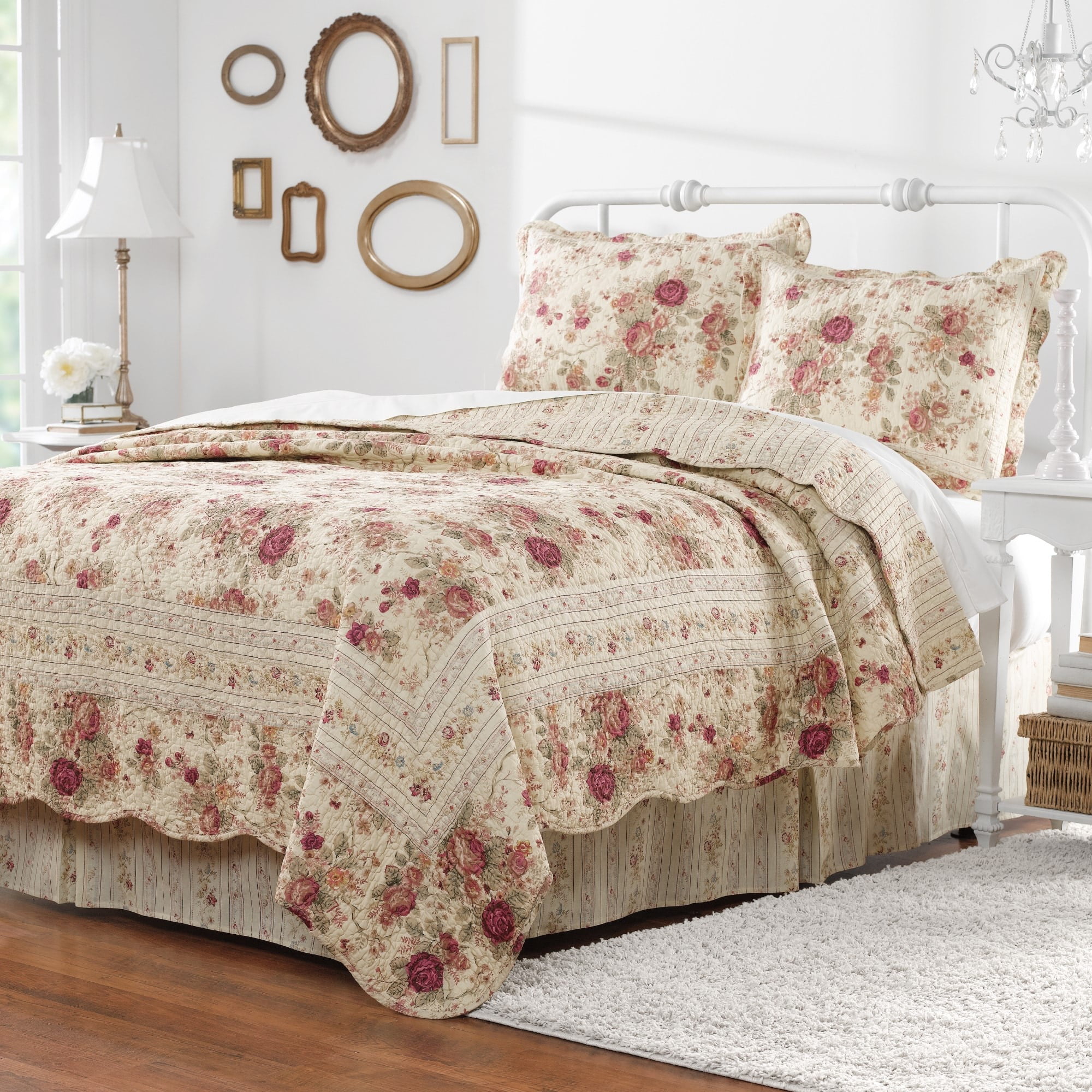 Greenland Home Fashions  Antique Rose All-Cotton Reversible Quilt Set Blue (3-Piece Set) Oversized Queen 3 Piece