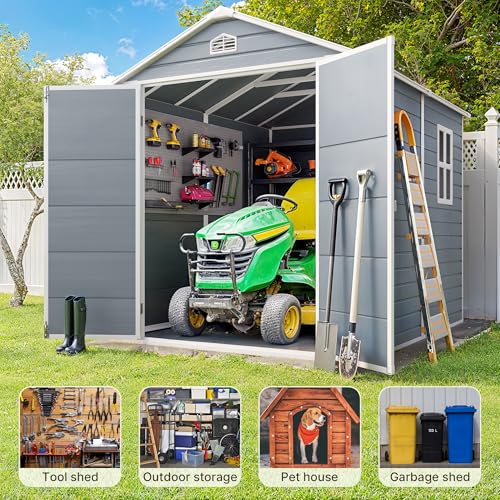 Gizoon 6x4 FT Outdoor Storage Shed with Floor, Resin Garden Tool Shed with Lockable Doors, Window, Vents, Reinforced Steel Frame