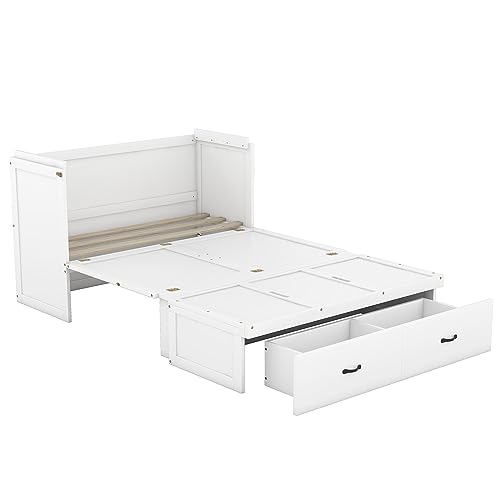 Queen Size Murphy Bed Wall Beds with Storage Shelves,Hide Away Bed Frame Easily Folds into Wood Cabinet,W/Mattress Holder,for Small Space,Guest Room