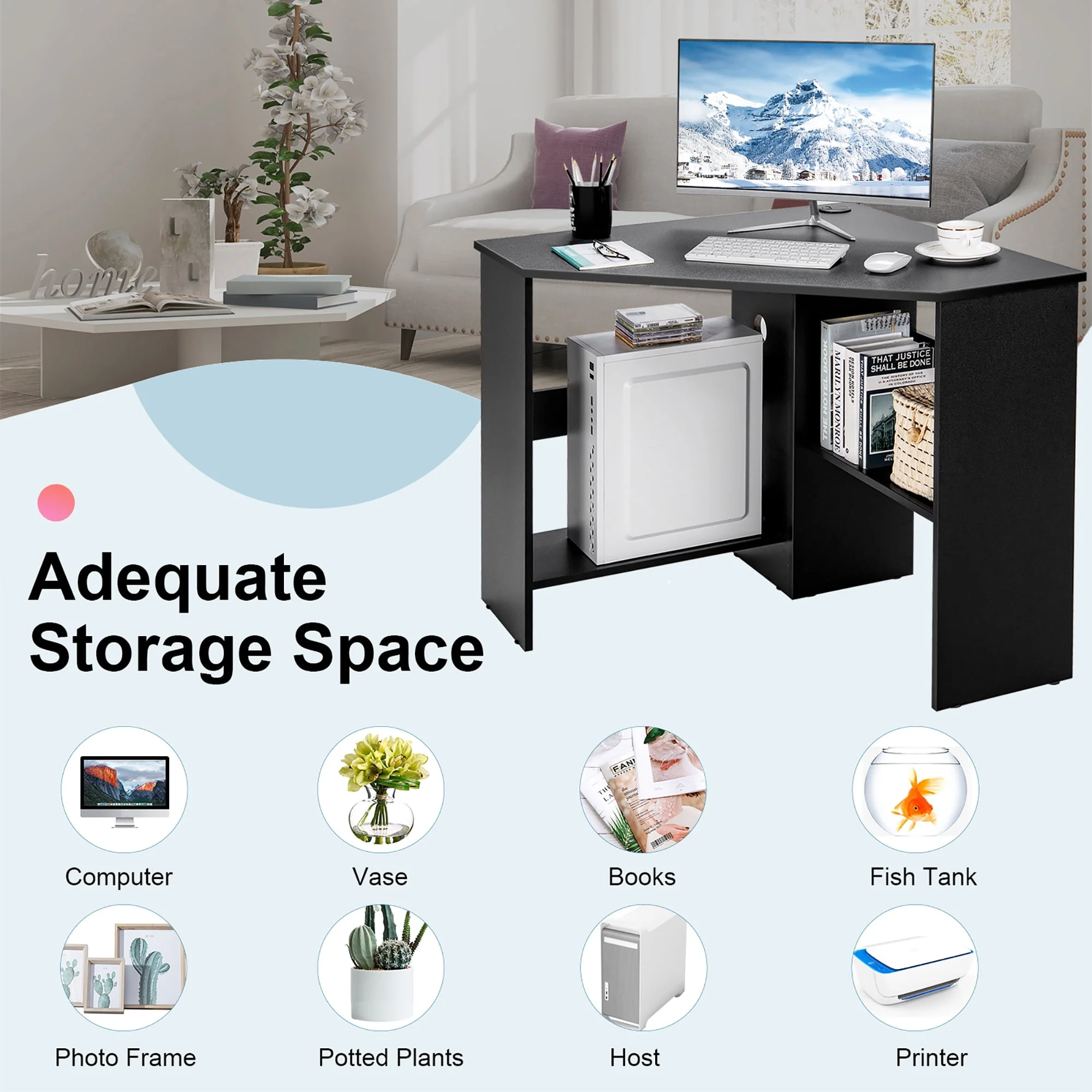 Costway Corner Computer Desk Triangle Writing Workstation w/Storage Shelf Rustic