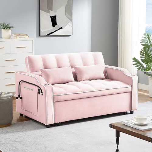 Pull Out Sofa Bed Velvet Sleeper Sofa Bed, Convertible Loveseat Sofa Bed with Reclining Backrest, USB Port