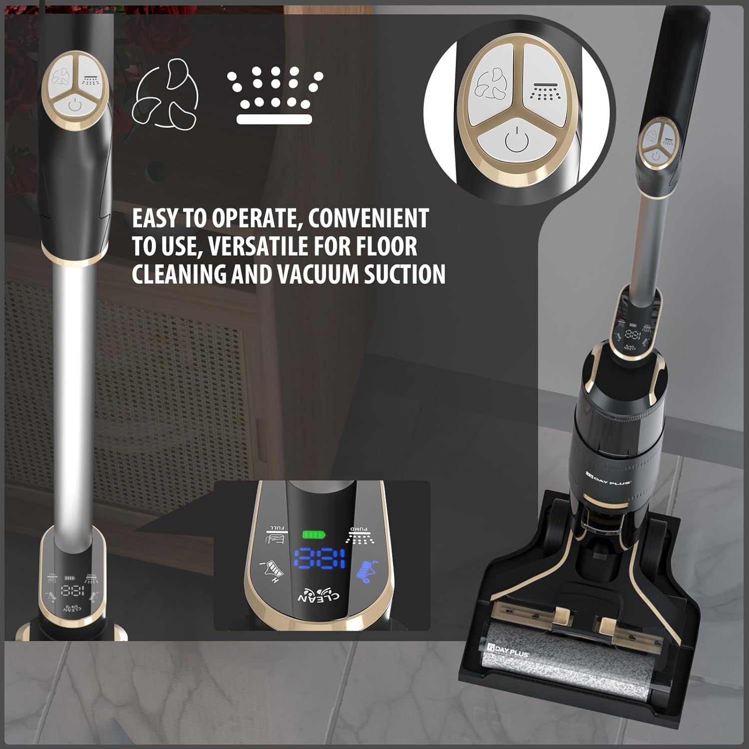 Cordless Stick Vacuum with 2 Modes Power Suction, Wet Dry Vacuum Cleaner for Hard Floor, Multi-Purpose Vacuum Self Cleaning System and Dual Tank