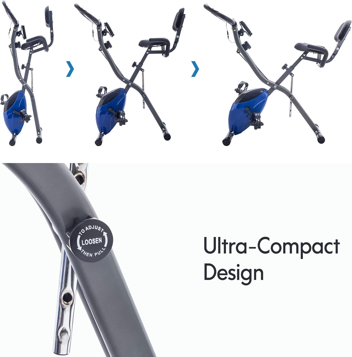 Folding Exercise Bike, Fitness Upright and Recumbent X-Bike with 10-Level Adjustable Resistance, Arm Bands and Backrest