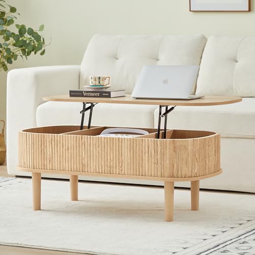 Fluted Lift Top Coffee Table with Hidden Compartment, Fully Assembled Wooden Center Table, Modern Oval Lift Tabletop for Home Living Room Office