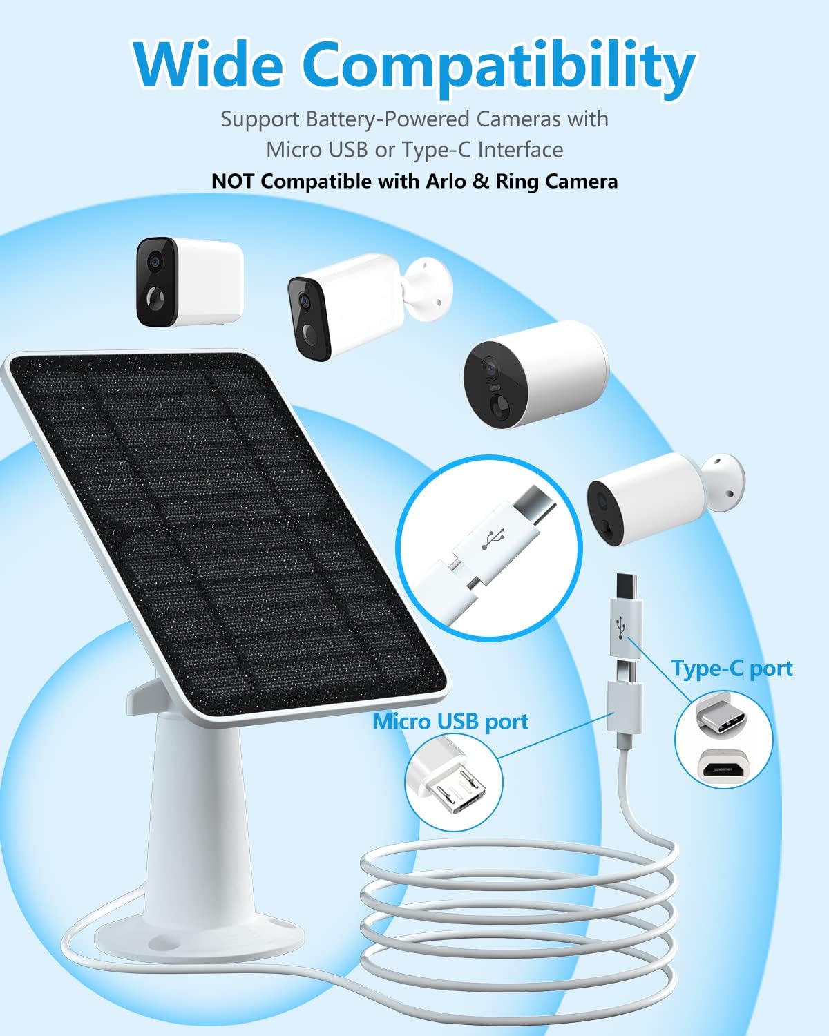 Solar Panels for Wireless Outdoor Security Camera, 5V 4W Waterproof Solar Panel Kit for Rechargeable Battery Surveillance Cam