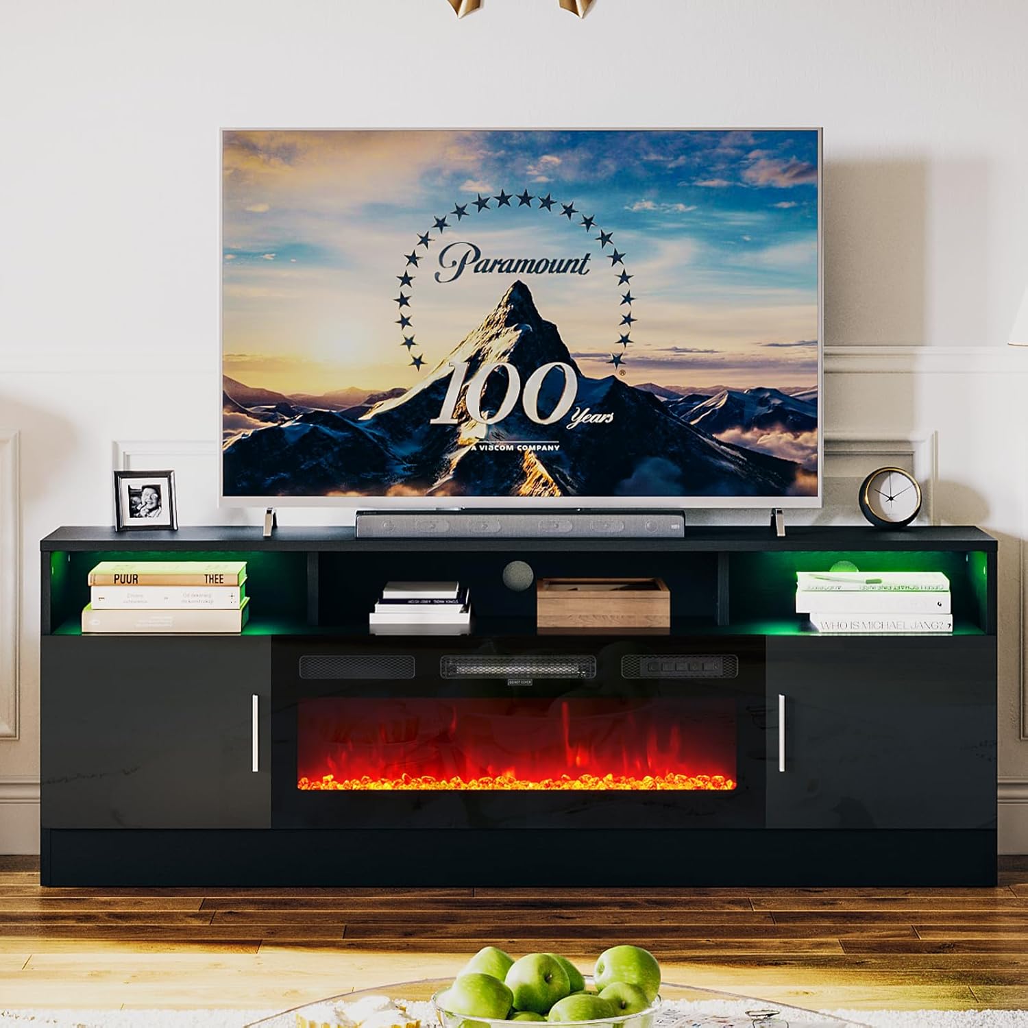 oneinmil Fireplace TV Stand with 36” Electric Fireplace, 70” Fireplace Entertainment Center LED Lights, 2 Tier TV Console for TVs Up to 80", Black