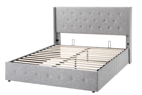 Allewie Full Size Lift Up Storage Bed, Modern Wingback Headboard, Hydraulic Support, No Box Spring Needed, Light Beige