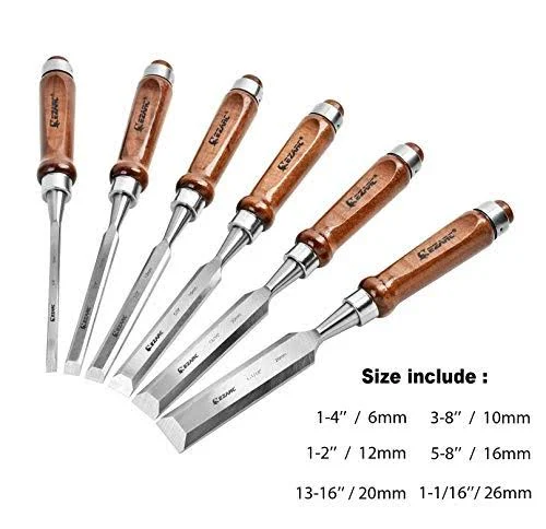 EZARC 6pc Wood Chisel Set for Woodworking - CRV Steel with Black Walnut Handle in Wood Storage Box