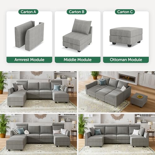 HONBAY Modular Sofa Sectional Sleeper Couch with Ottomans Reversible Sleeper Sectional Sofa Modular Couch with Storage, Aqua Blue