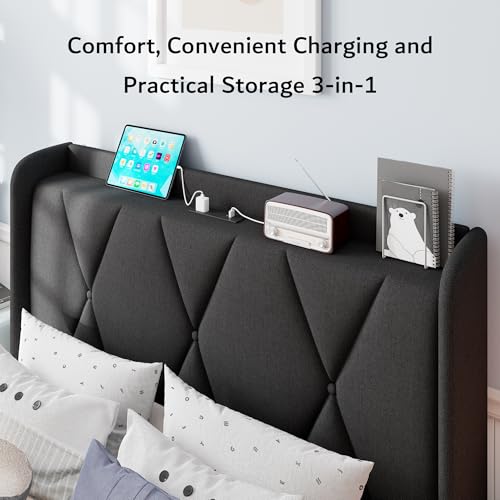 iPormis Queen Bed Frame with 4 Storage Drawers, Upholstered Platform Bed Frame with Charging Station, Modern Wingback Storage Headboard