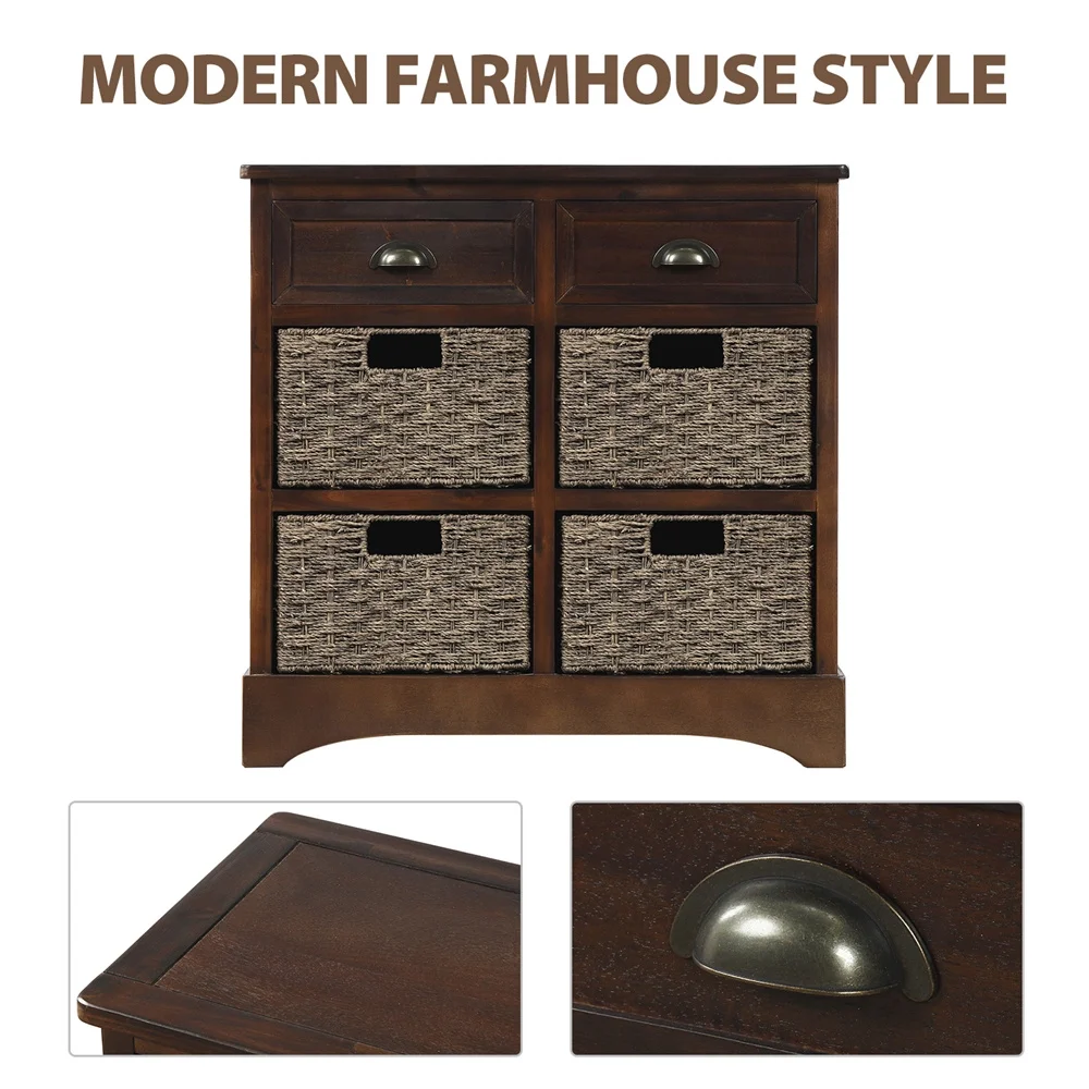 Rustic Storage Cabinet with 2 Drawers and 4 Wicker Baskets, Wood Console Table/Entryway Cabinet/Side Table for Living Room, Dining Room