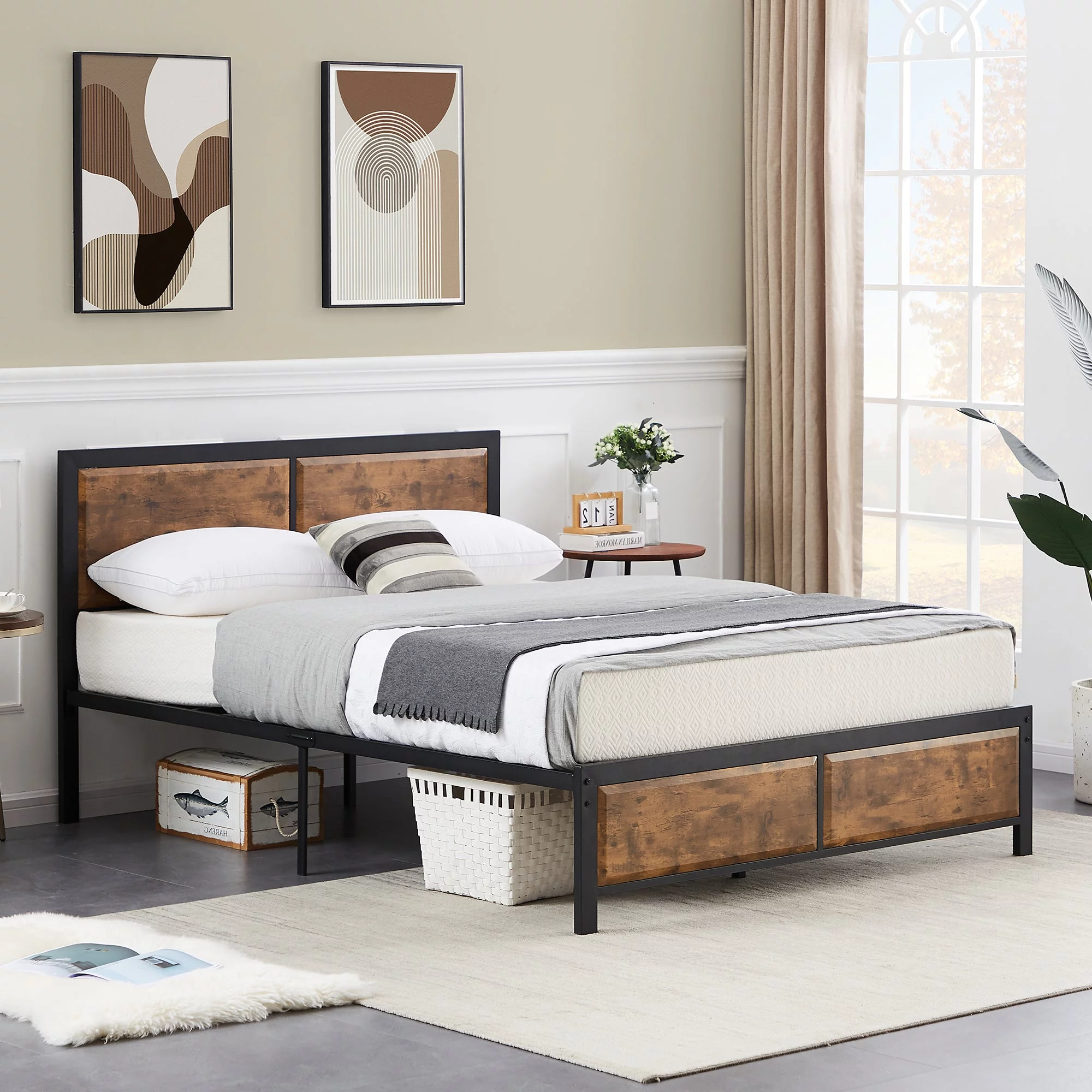 VECELO 4-Piece Bedroom Set with Queen Size Platform Bed Frame & 5-Drawer Dresser & Two Nightstands, Brown