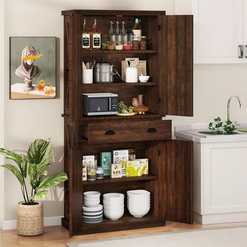 YITAHOME 72'' Tall Kitchen Pantry Cabinets, Farmhouse Storage Cabinets with Barn Doors, Drawer ＆ Adjustable Shelves