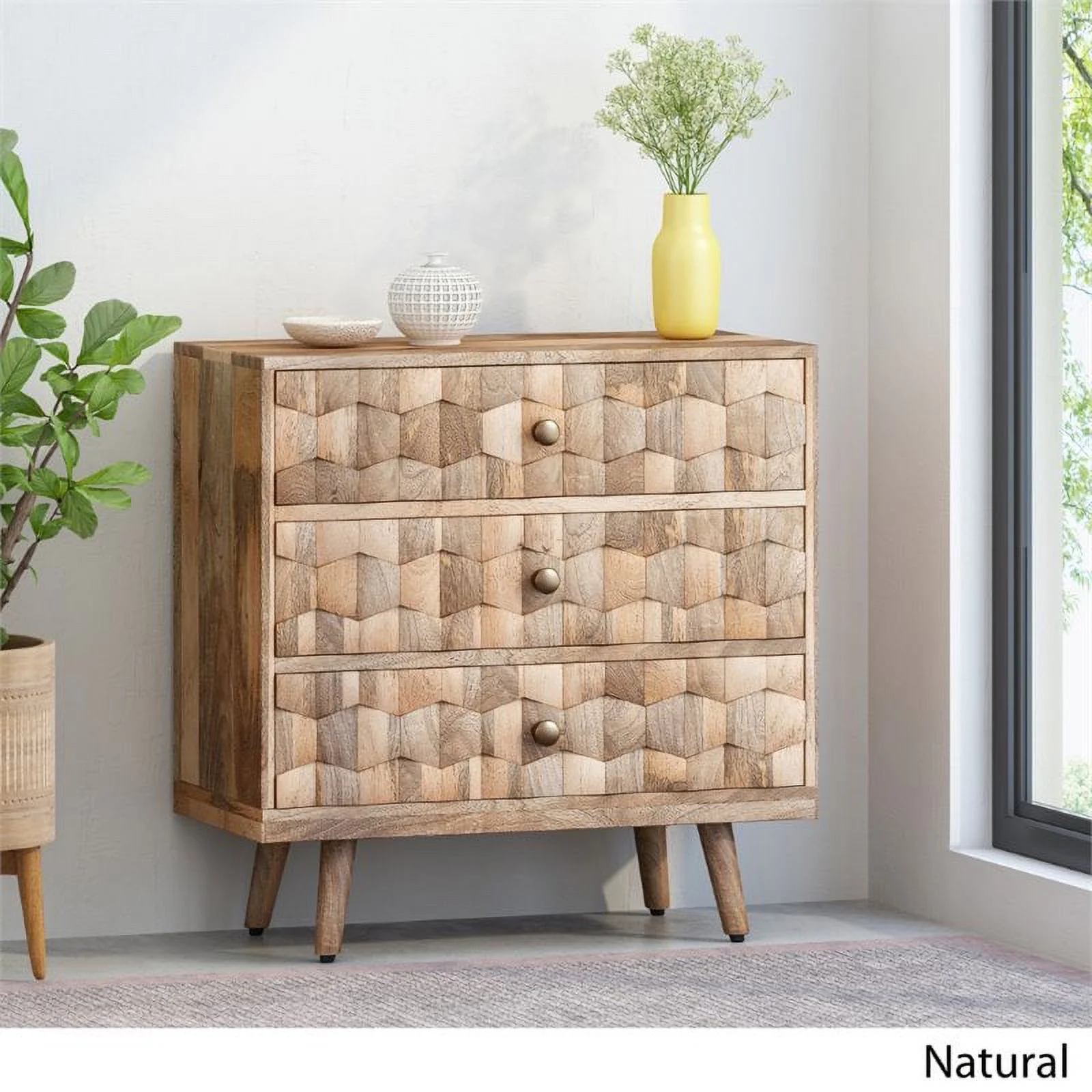 Pemberly Row Mid-Century Modern Mango Wood 3 Drawer Chest in Natural