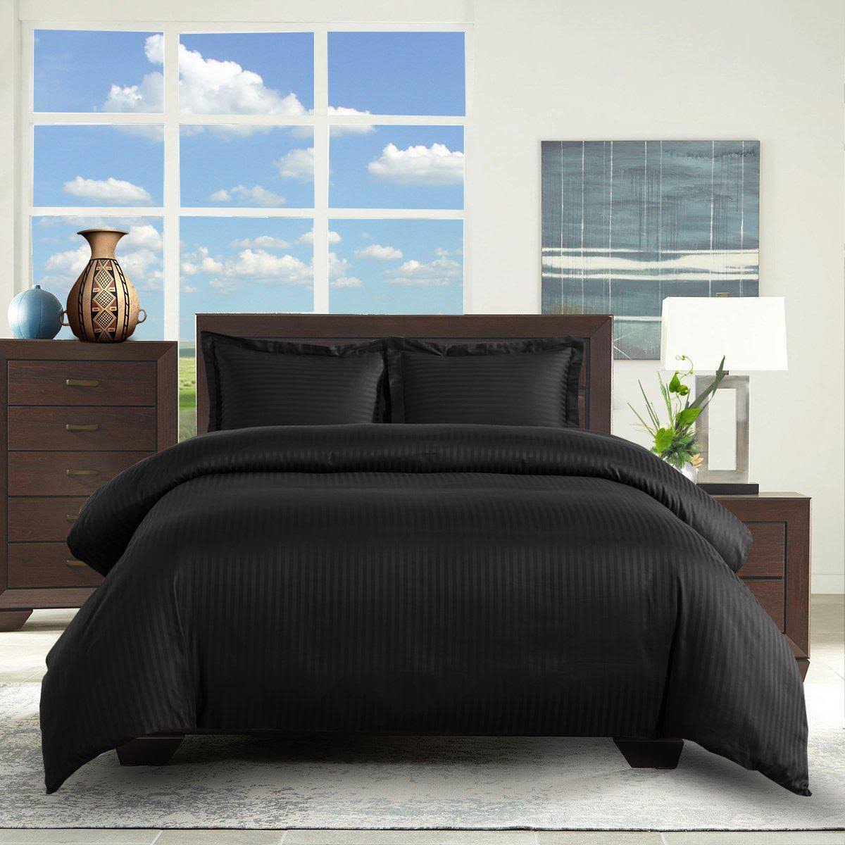 Striped Duvet Cover Set 100% Cotton 300 Thread Count King/Calking / Black