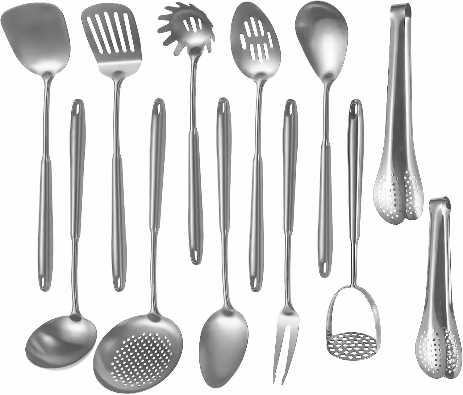 304 Stainlss Steel Kitchen Utensils Set, 12 Pcs Long Metal Cooking Utensil Gadgets Tools Set with Spatula, Ladle, Spoon, Ladle, Skimmer, Tunner