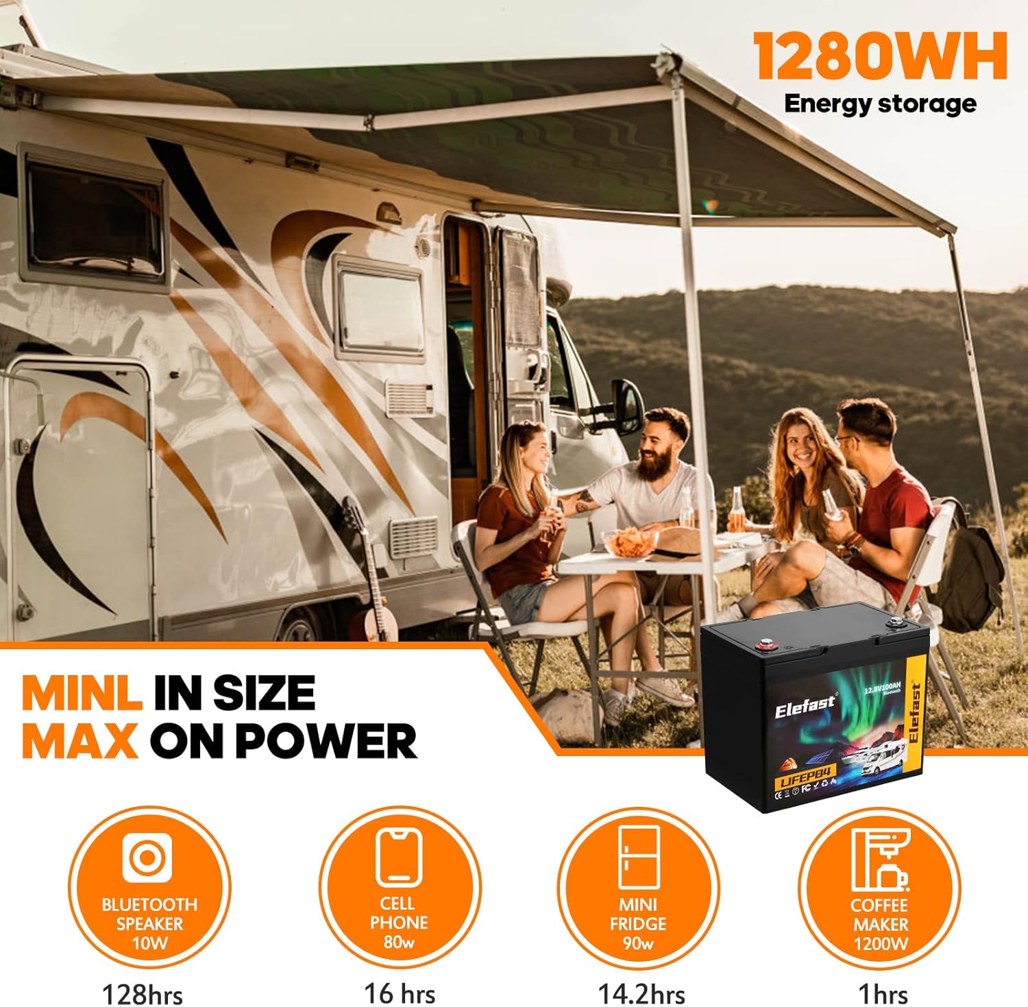 Elefast 12V 100Ah Bluetooth LiFePO4 Lithium Battery, BCI Group 24,Low Temperature Protection Up to 20000 Cycles