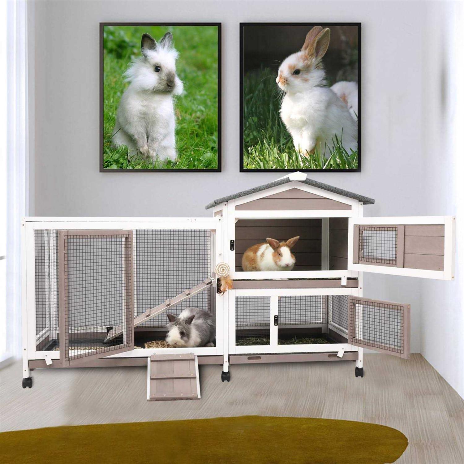Gowoodhut Rabbit Hutch Indoor Outdoor 2 Story Bunny Cage with 3 No Leak Trays,55.31 L Guinea Pig Cages Rabbit Cage with 6 Wheels for Guinea Pig