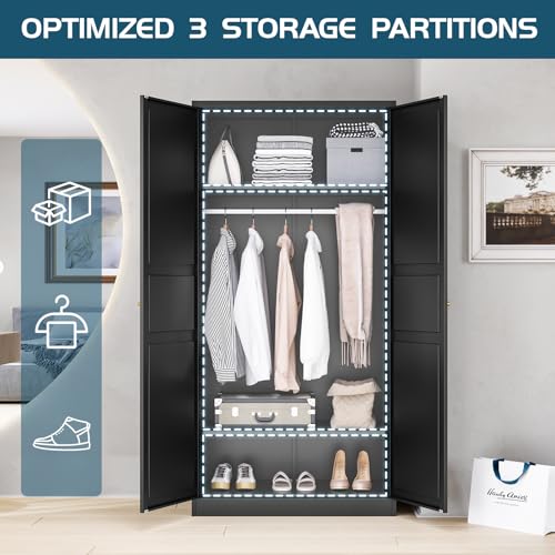 MIIIKO Steel Cabinet Wardrobe, Metal Locker Cabinet with Hanging Rod, Metal Clothing Locker Storage for Home, Office, Garage and Changing Room