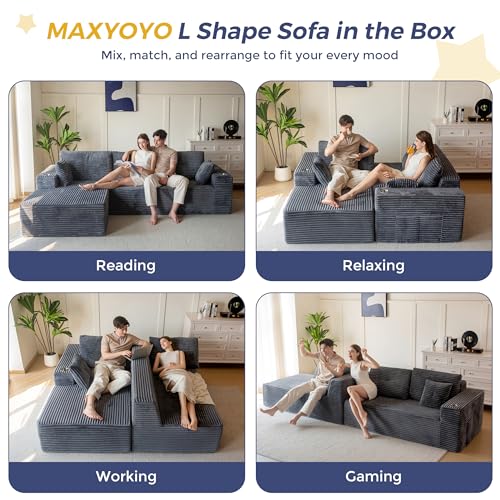 MAXYOYO 110" Modular Sectional Couch with L-Shape Chaise, Modern Boneless Couch for Living Room, Sofa in A Box, Oversized Sofa Sleeper with Deep Seat