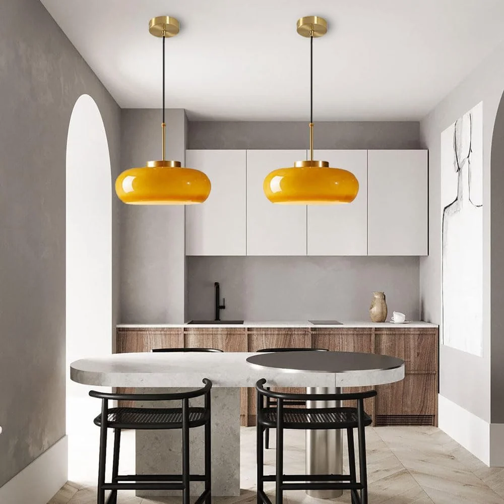 Arturesthome Ceiling Light Fixture Glass Lampshade Pendant Light with Brass Cover Amber Glass Hanging Lamp Vintage Yellow Glass Semi Flush Mount