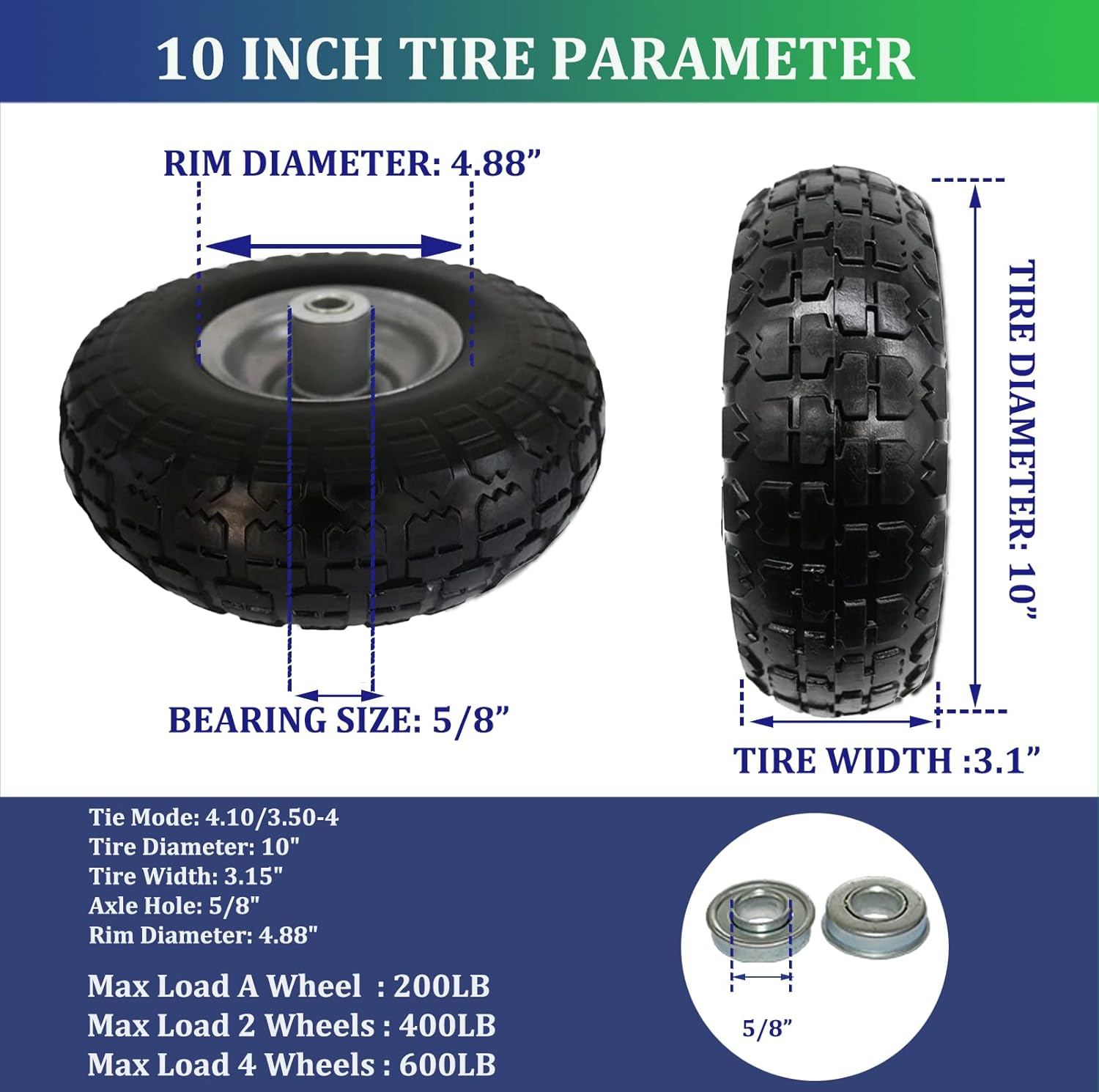 BAIVE BW 4 Pcs 10 Flat Free Tires Solid Non-inflated Tires Wheels, 4.10/3.50-4 Tire with 5/8 Ball Bearings, for Wheelbarrow, Garden Wagon Carts