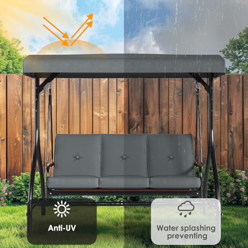 TLSUNNY 3-Seat Outdoor Patio Porch Swing with Adjustable Canopy & Backrest, Convertible Glider Bed with Stand, Removable Seat Cushion