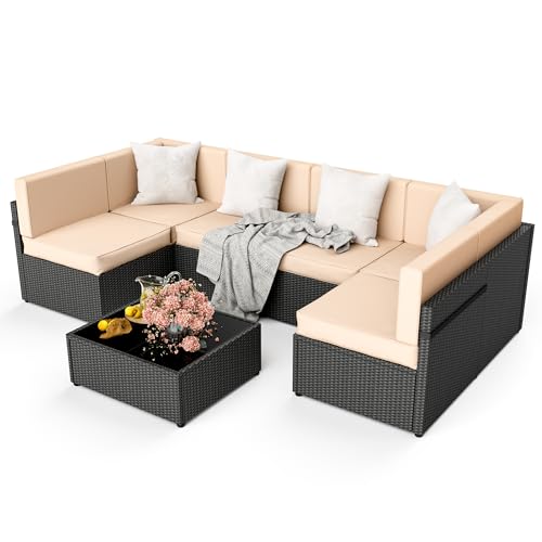 Pamapic Patio Furniture Set, 7 Pieces Modular Outdoor Sectional,Wicker Patio Sectional Sofa Conversation Set