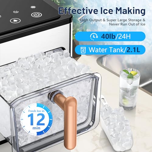 Nugget Countertop Ice Maker with Soft Chewable Ice 40Lbs, Pebble Sonic Ice Machine with Basket and Scoop, Ready in 5 Mins, 40Lbs/24H