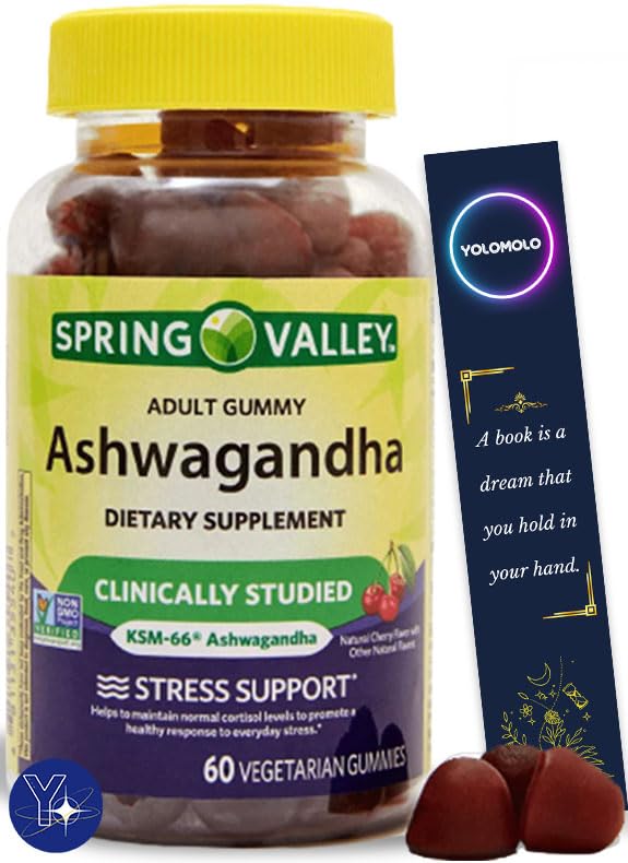 Ashwagandha Vegetarian Gummies Non GMO Spring Valley, Cherry, 60 Count and Bookmark Gift of YOLOMOLO - Kansas Nuitrition - HNZSDS