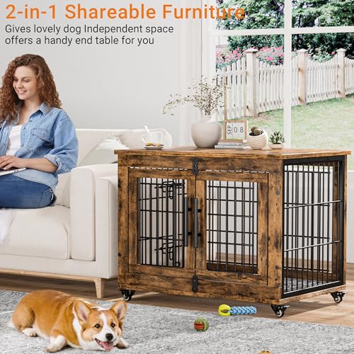 Lulive Dog Crate Furniture for Medium Dogs, 32'' Dog Kennel Indoor with Cushion & Wheels Wooden Dog Cage Double Doors Dog Crate End Table, Grey