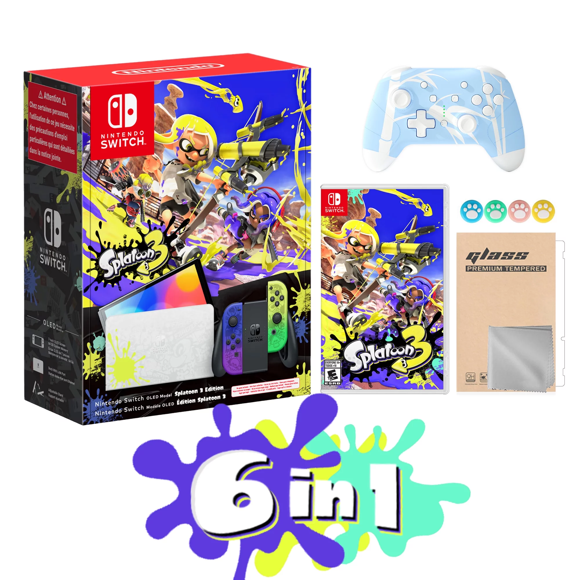 2022 Nintendo Switch OLED Splatoon 3 Limited Edition with Splatoon 3 Game, Blue & Yellow Gradient Joy-Con 64GB Console, LAN-Port Graffiti-themed Dock