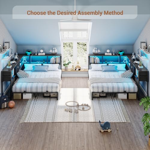 Hasuit Corner Bed Frame with Storage Bookcase, Twin Daybed with Storage Drawers Underneath, Kids Bed Unit with Charging Station and LED Light