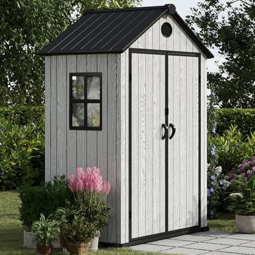 4.4x6 FT Resin Outdoor Storage Shed, 230 Cuft Garden Tool Sheds & Outdoor Storage Plastic Shed with Floor