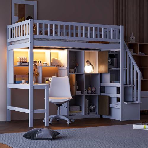 Gaming Bed with Desk,Wardrobe,Ample Storage Space,and RGB LED Light, Full Size Wood Loft Bed for Kids Bedroom (Cloud Blue/K)