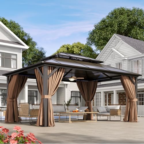 Aoxun 12'x16' Hardtop Gazebo, Aluminum Frame Permanent Pavilion with Netting and Curtains, Outdoor Polycarbonate Double Roof Canopy