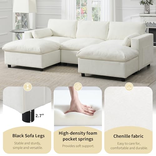 Merax 86.5" Sectional Sofa with Storage Pockets & Removable Ottomans, 5 Seat U Shaped Sleeper Cloud Couch Set