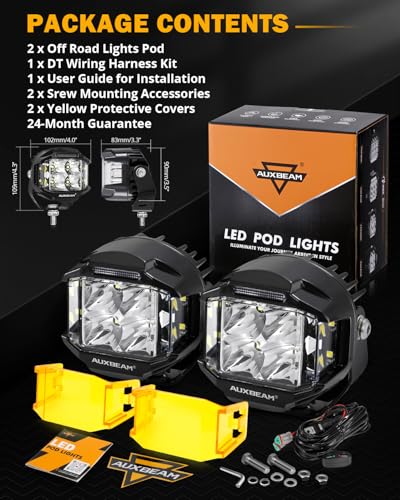 Auxbeam V-MAX Series 72W LED Pod Driving Lights, 4x2.5 Inch Rectangle Side Shooter Offroad Cube Spotlights with Amber DRL