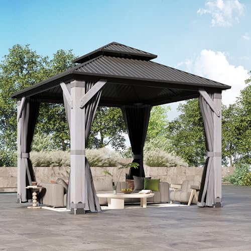 12'x12' Hardtop Gazebo, Outdoor Double Roof Galvanized Steel Gazebos, Aluminum Frame Permanent Pavilion with Curtains & Netting for Backyard, Patio