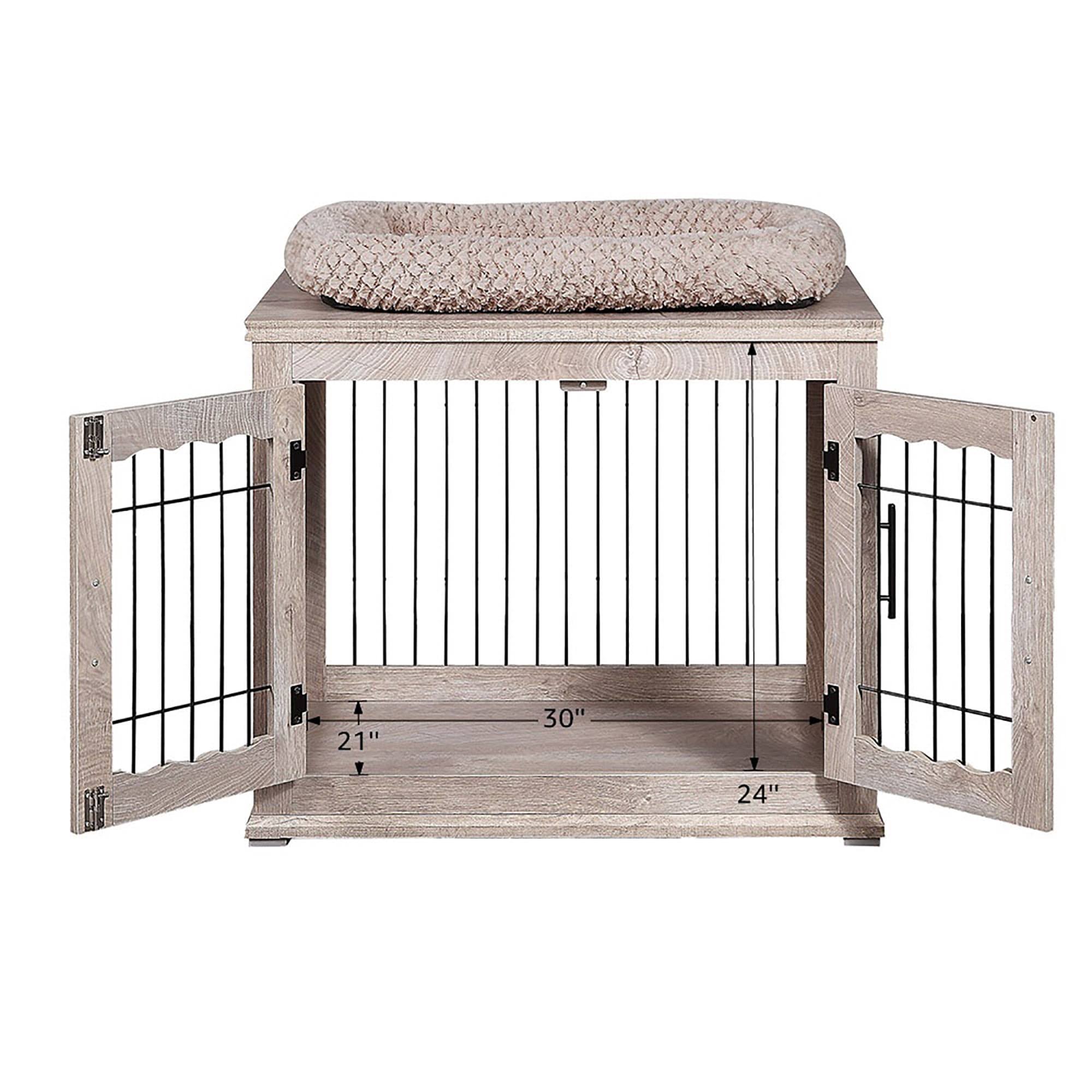 Unipaws Crate Wooden End Table with Wire Dog Kennel with Bed in Weathered Gray, 32x22 L x 23x22 W x 26.5x22 H, Medium
