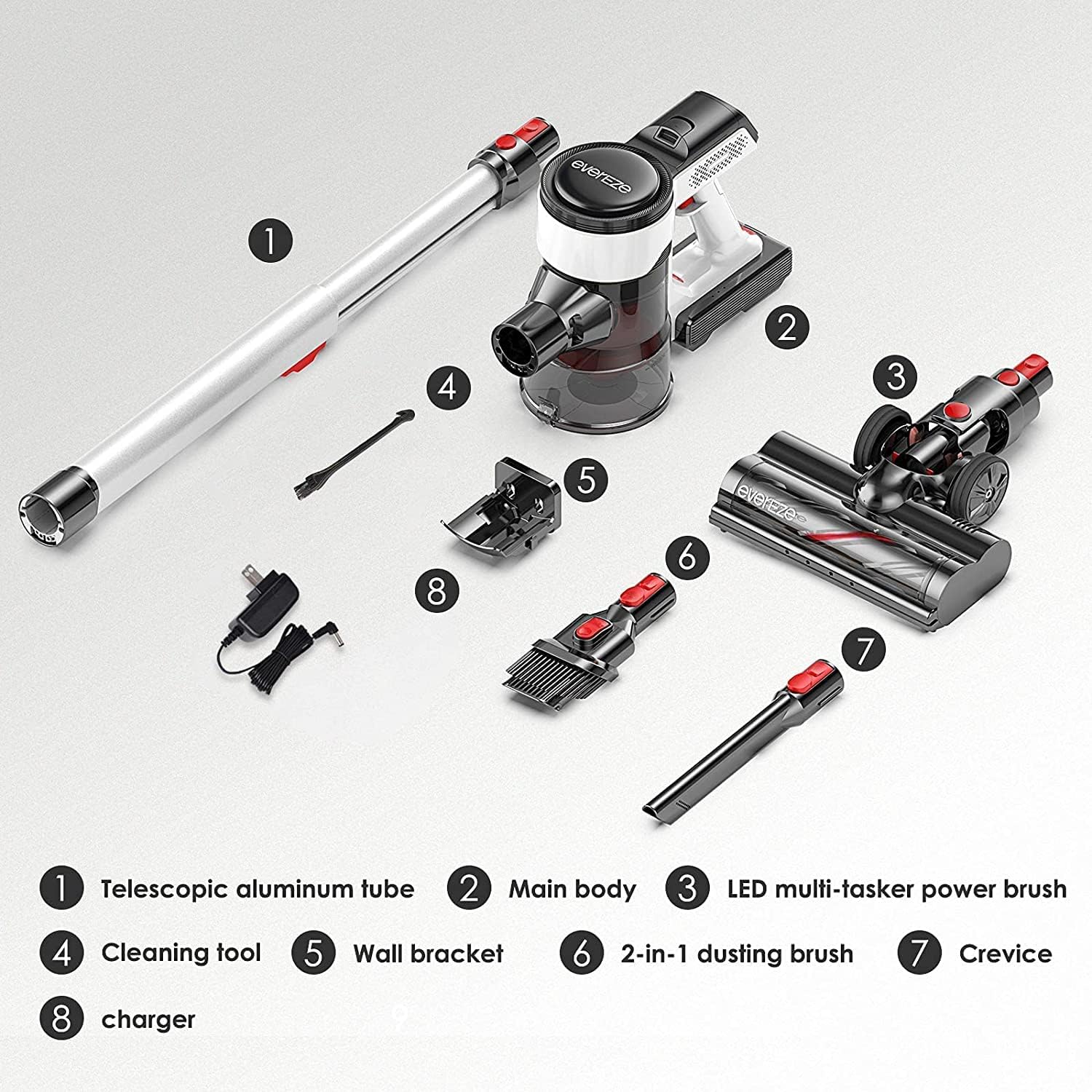 Evereze Cordless Vacuum Cleaner, Cordless Stick Vacuum with 250W 25kPa Powerful Suction, 50Mins Runtime 4 in 1 Lightweight Cordless Vacuum