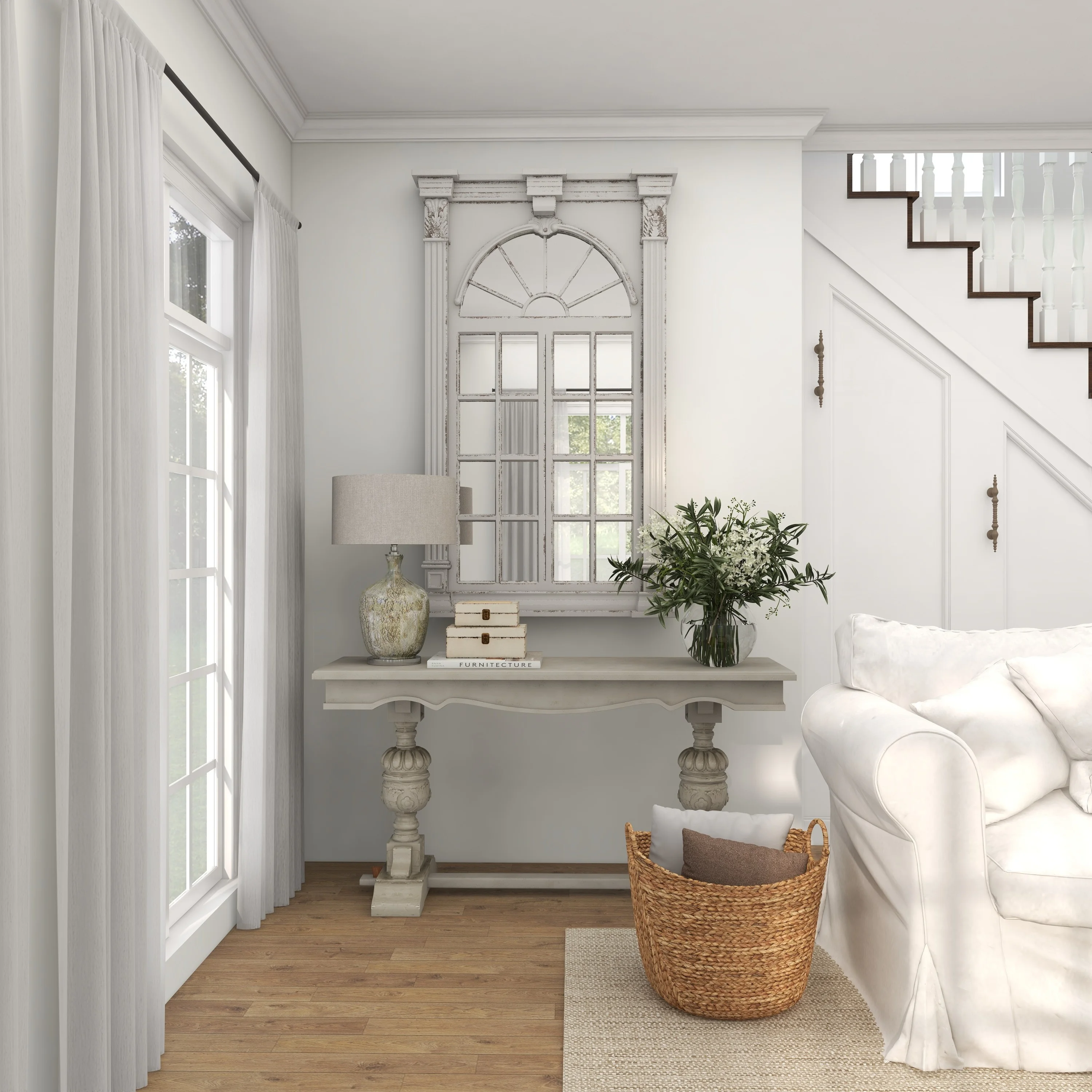 DecMode 37" x 52" Cream Window Pane Inspired Wall Mirror with Arched Top and Distressing