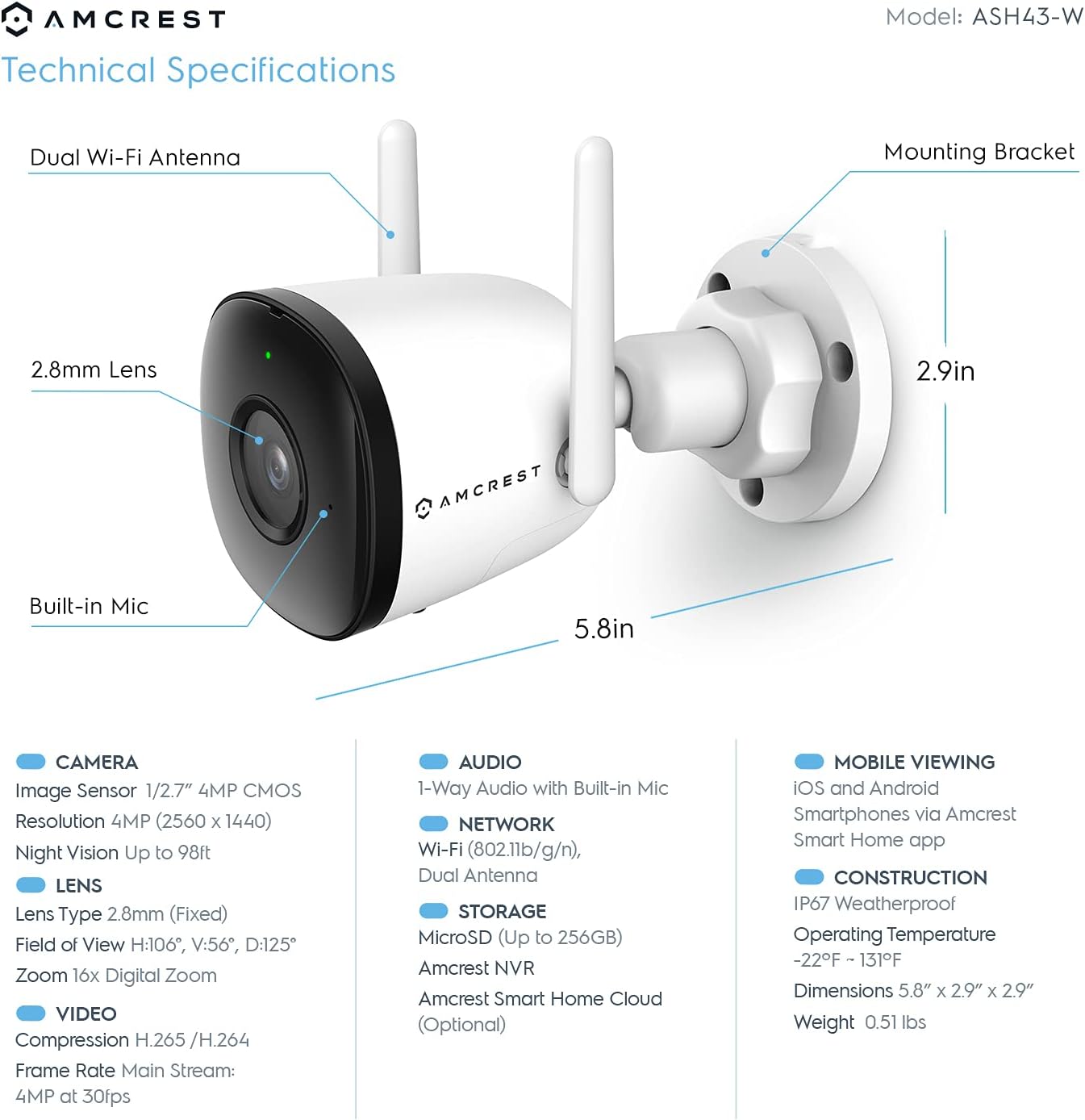 Amcrest SmartHome 4MP Outdoor WiFi Camera Bullet 4MP Outdoor Security Camera, 98ft Night Vision, Built-in Mic, 106° FOV, 2.8mm Lens