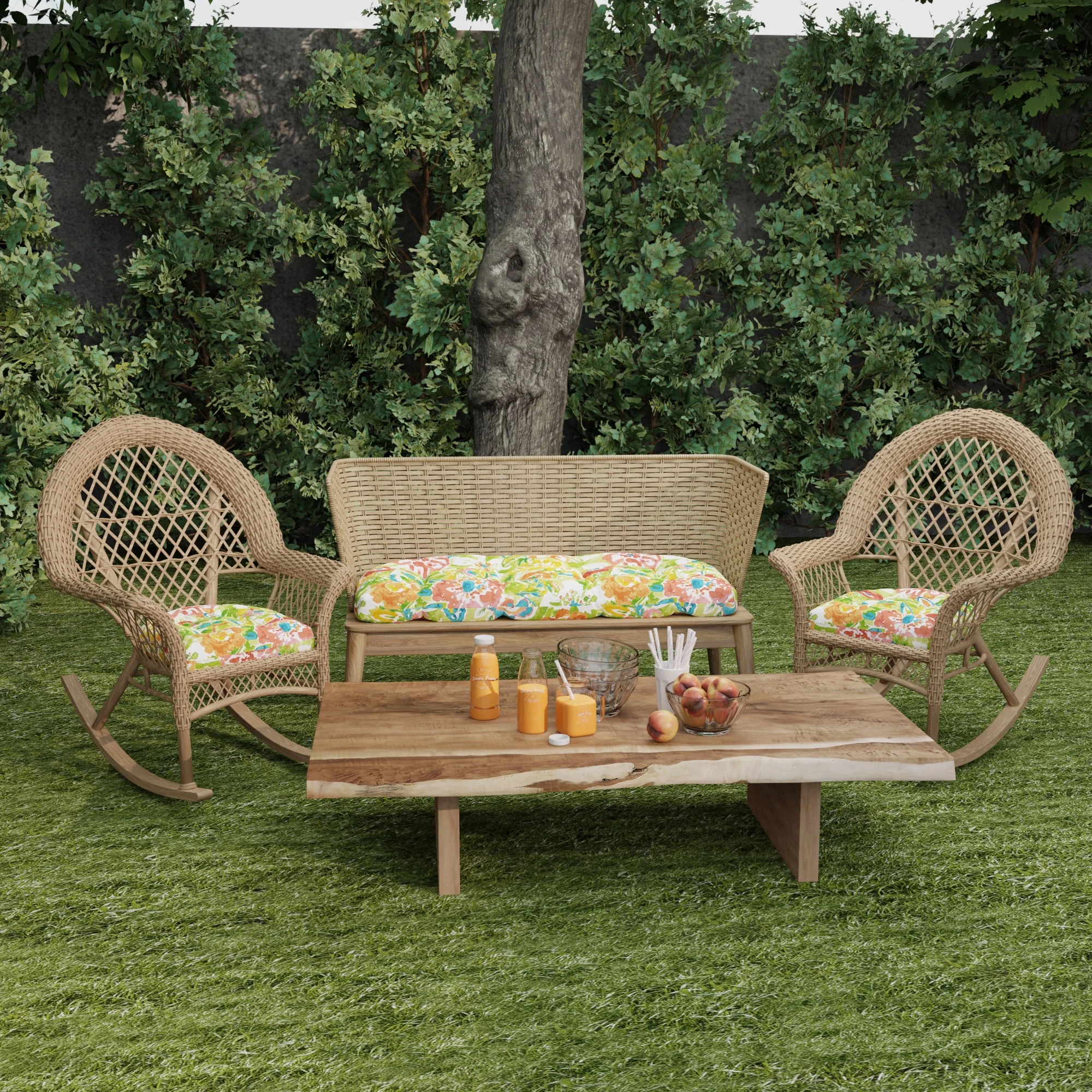 Jordan Manufacturing 3-Piece Sun River Garden Multicolor Floral Outdoor Cushion Set with 2 Wicker Chair Cushions and 1 Wicker Bench Cushion