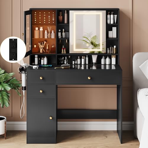 Makeup Vanity Desk with Mirror and Lights, White Vanity with Glass Top, LED Lights & Power Outlet, 3 Drawers & 2 RGB Glass Cabinets