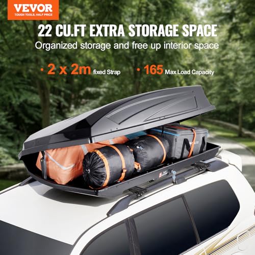 VEVOR Rooftop Cargo Carrier, 22 Cubic Feet Roof Cargo Box, ABS Hard Shell Roof Box, with Dual-Sided Opening and 2 Reinforced Straps, Aerodynamic