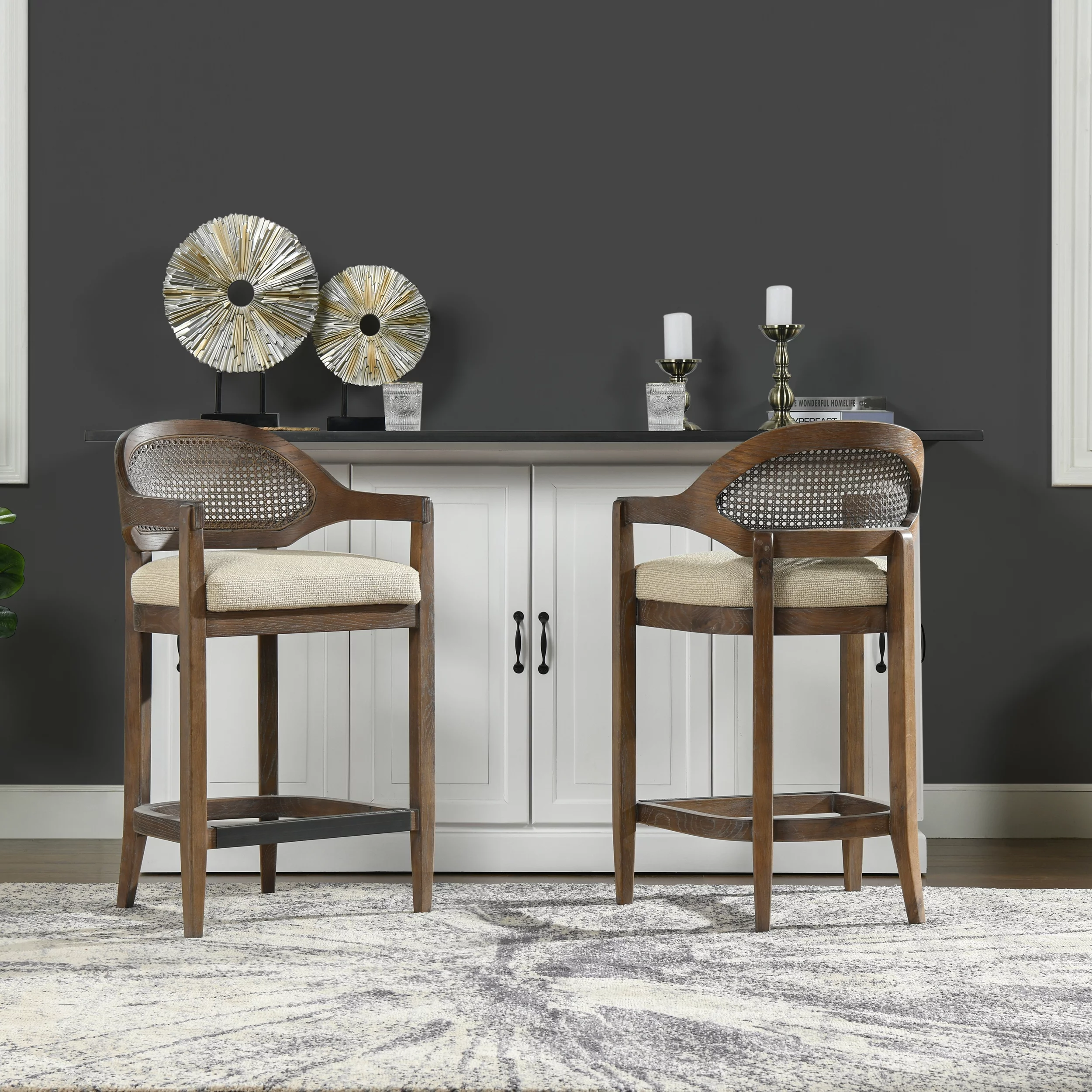 Jennifer Taylor Home Americana Mid-Century Modern 26" Cane Back Counter Stool, Taupe Beige Textured Weave